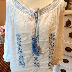 White and Blue Peasant Blouse